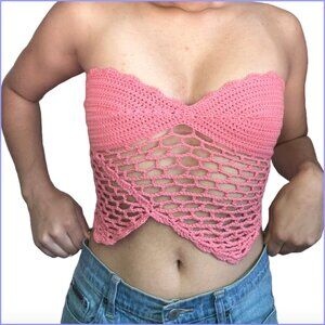 Handmade Crochet Strapless Summer Top with Shell Border and Mesh Detailing